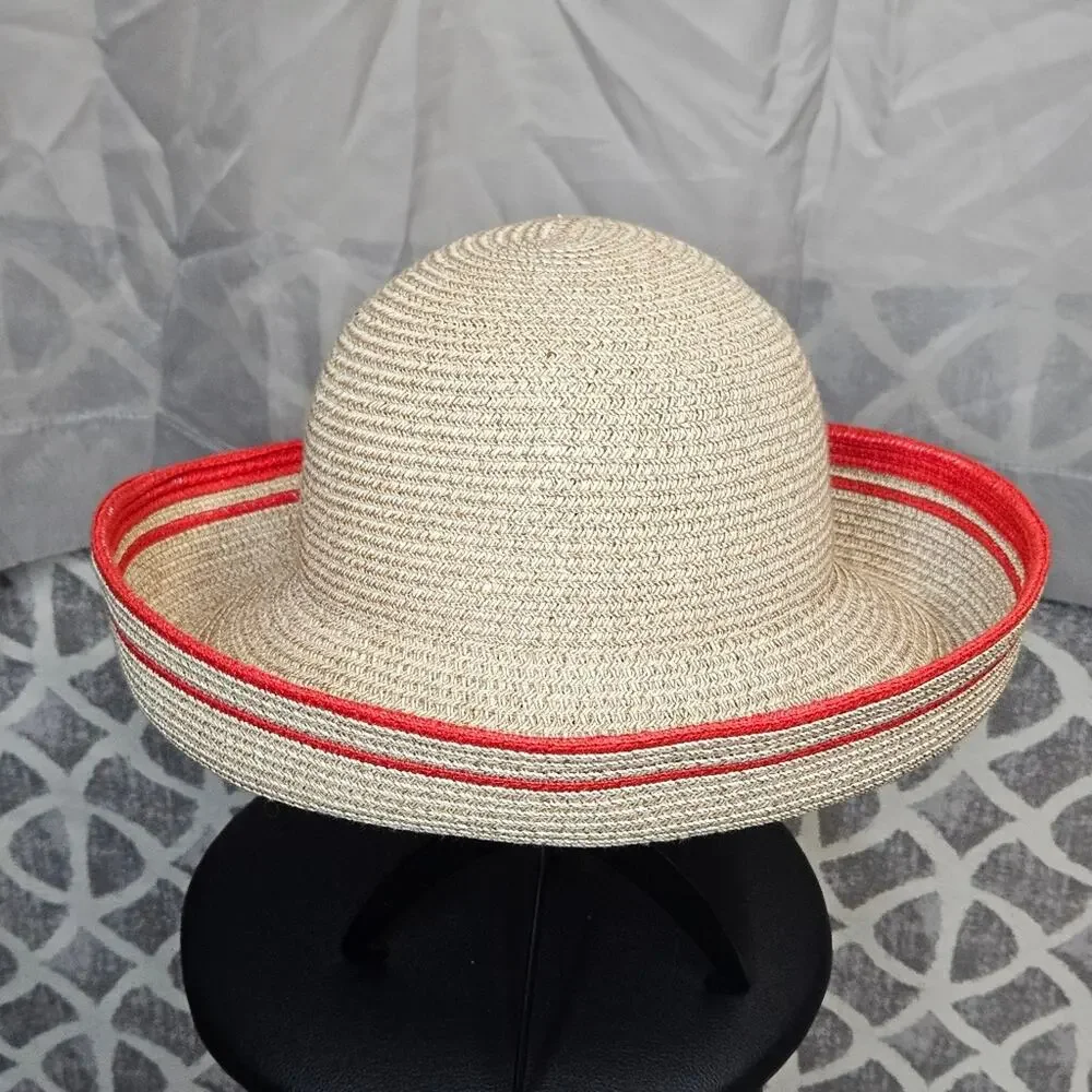 Betmar New York Paper Poly Blend Red Stripe Trim Wide Brim Bell Shape Sun Hat